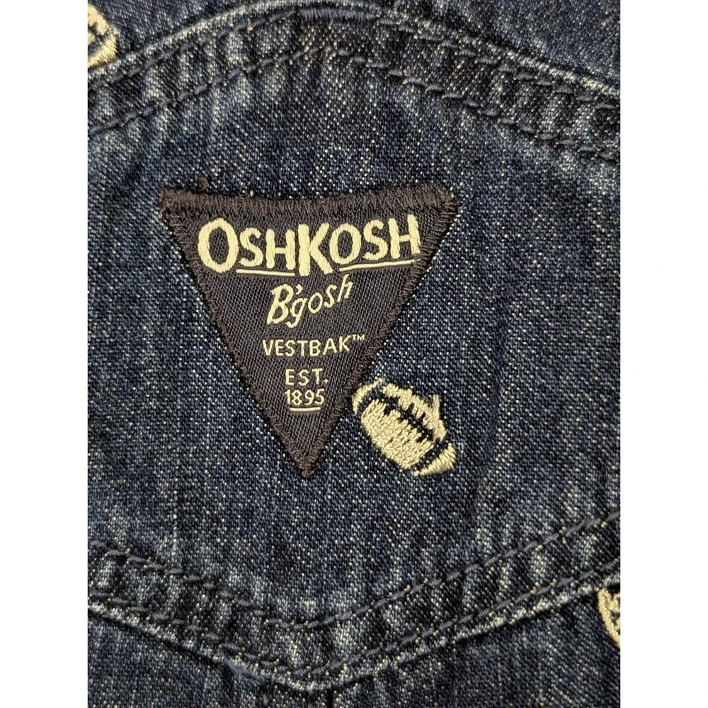 VTG OshKosh Bgosh Jean Overalls 12 Months Embroidered Footballs Blue Denim Logo